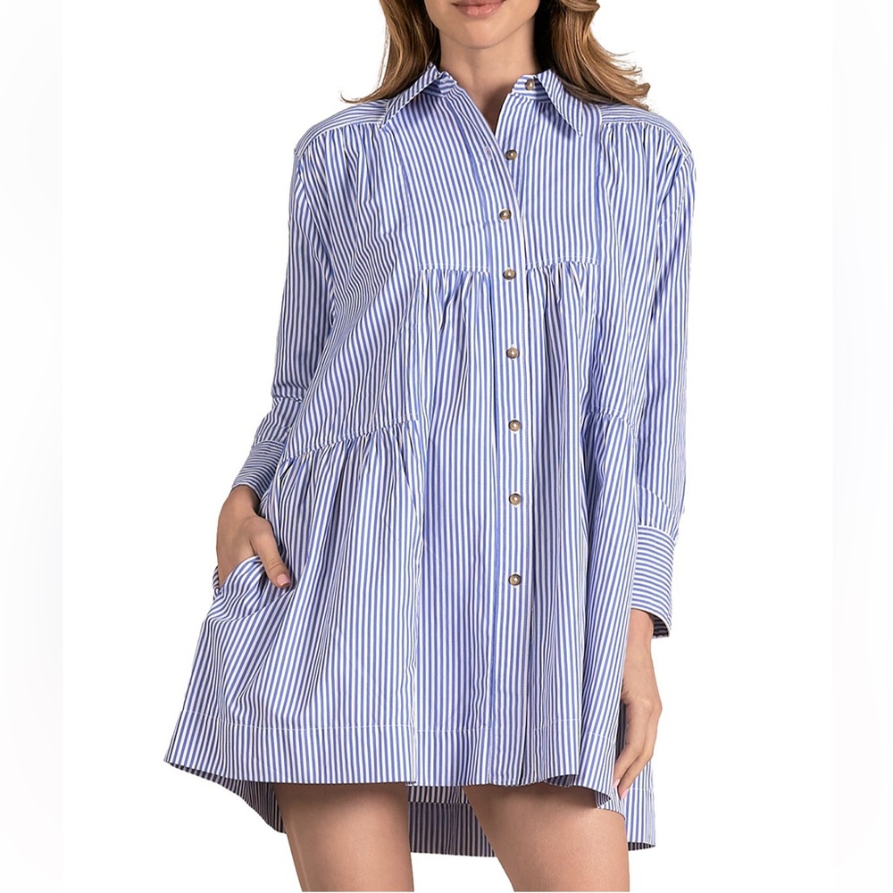 Elan Striped Long Sleeved Button Down Shirt Dress